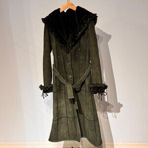 SHEEPSKIN SHEARLING Women`s Belted Winter Long Coat Size Small